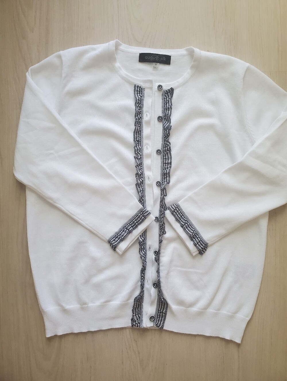 August Silk White w/Gingham Trim Sweater. NWOT